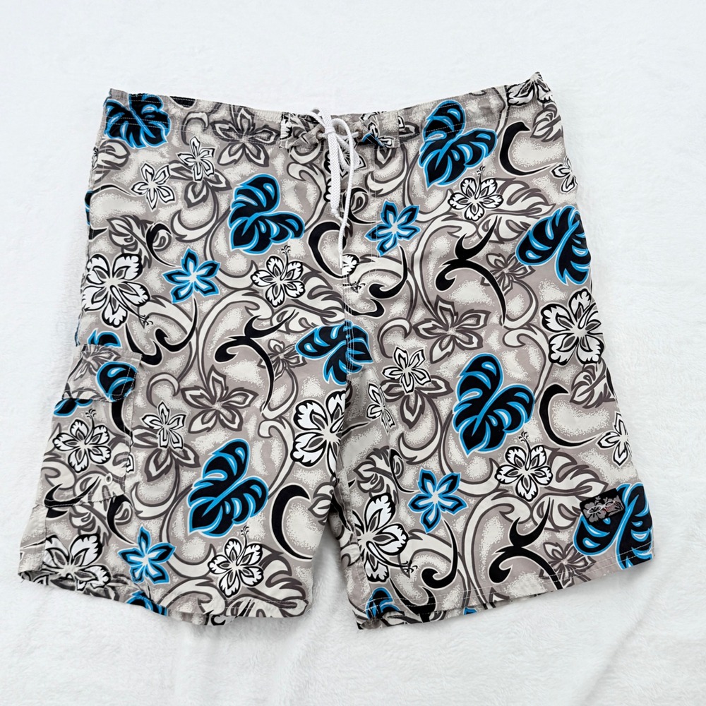 OP Board Shorts Mens Large Grey Blue Excellent Tropical Hibiscus Swim Trunks